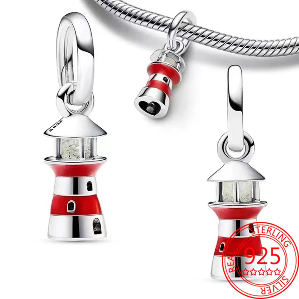 Lucky 925 Sterling Silver Red Lighthouse&Ladybug&Christmas Gingerbread Man&Elk Dangle Charm for Pandora Bracelet Blessing Gift