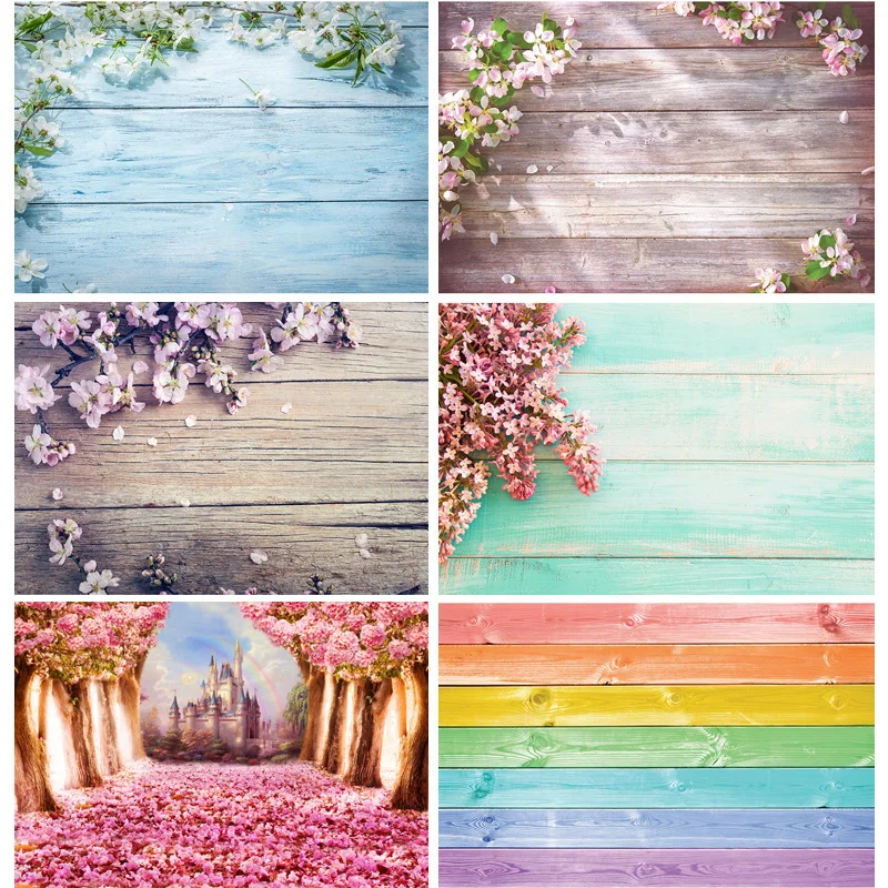 SHUOZHIKE Flowering Branch On Wooden Background Blossoming Wood Planks Photography Backdrops Photo Studio Props YXX-68