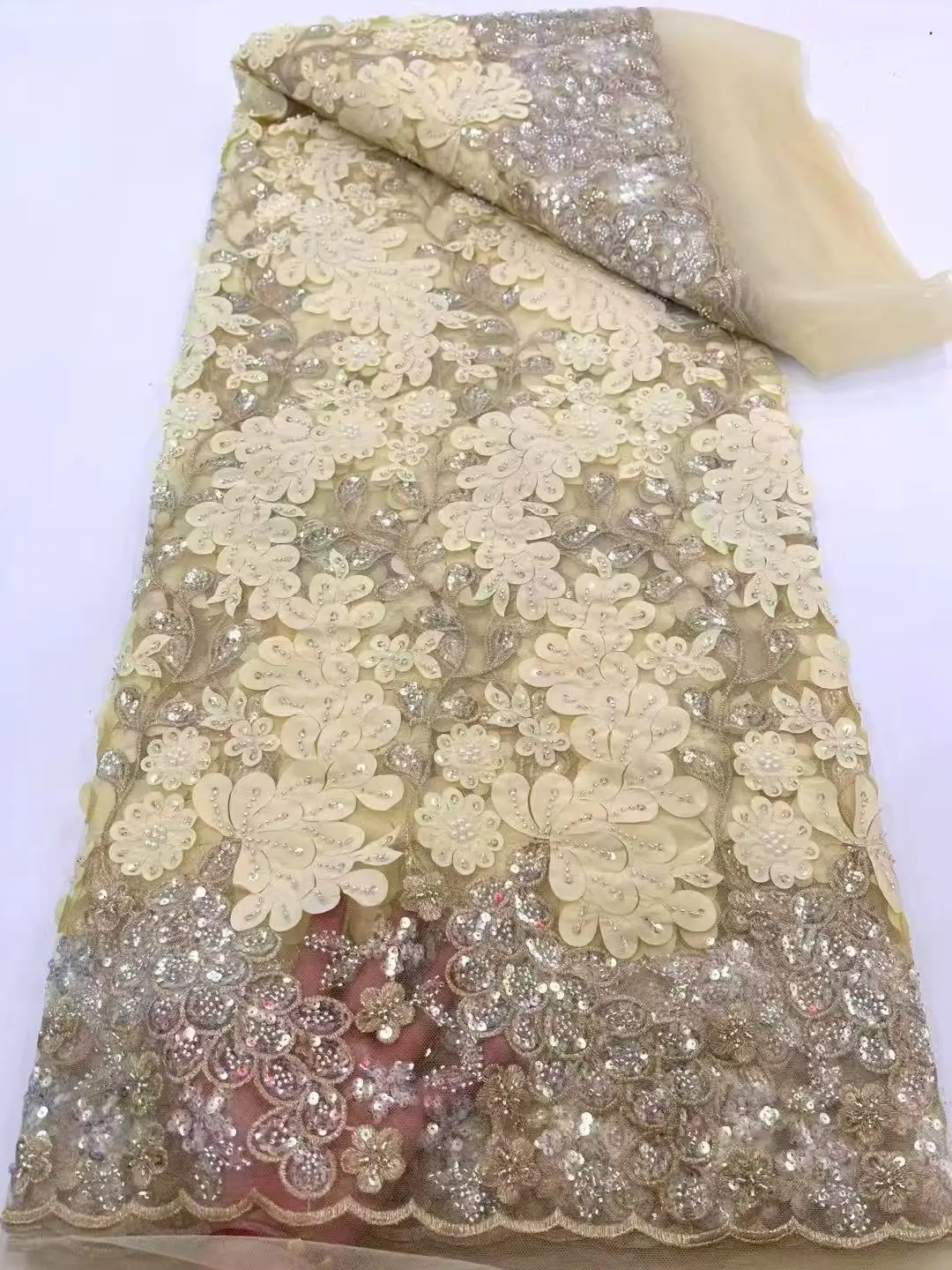 

2025 Pink Latest French 3d Beaded Tulle Lace Fabric High Quality African Net Lace Fabrics With Sequins For Evening Party Dresses