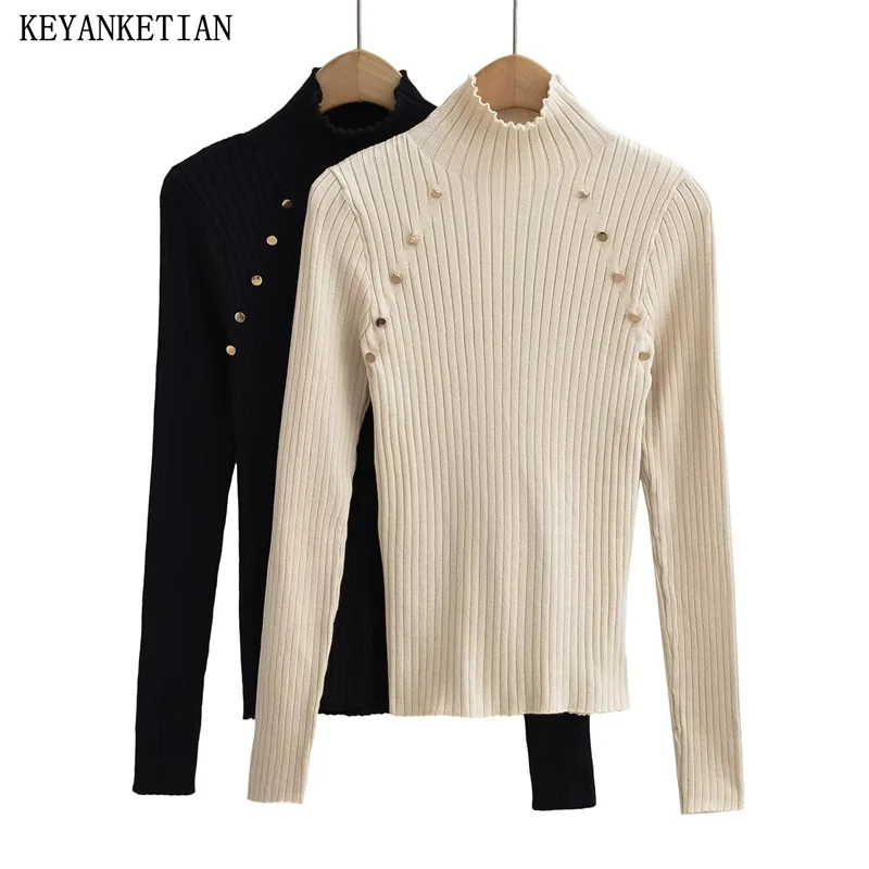 

KEYANKETIAN New Launch Women's Mock Neck Button Decoration Skinny Knitwear Pullover Fashion Simply Basic Slim Solid Crop Sweater