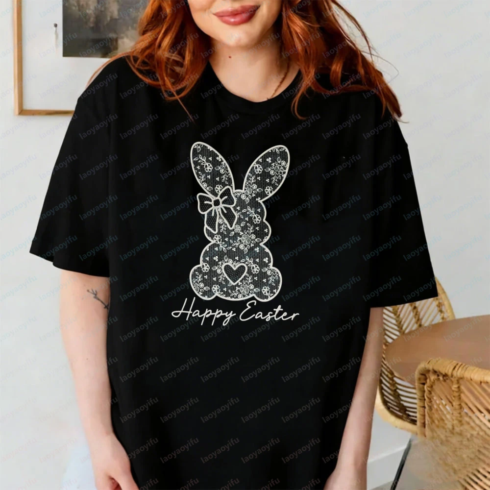 

White Lace Bunny Easter Happy Easter Floral Lace Bow Bunny Shirt Graphic T Shirts Women Clothing Gothic High Quality Cotton Tops