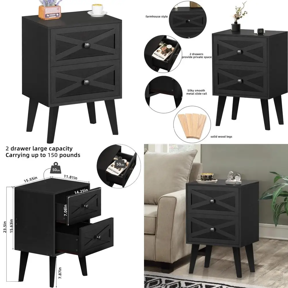 

mid-century modern 2-drawer nightstand in black with barn door style storage