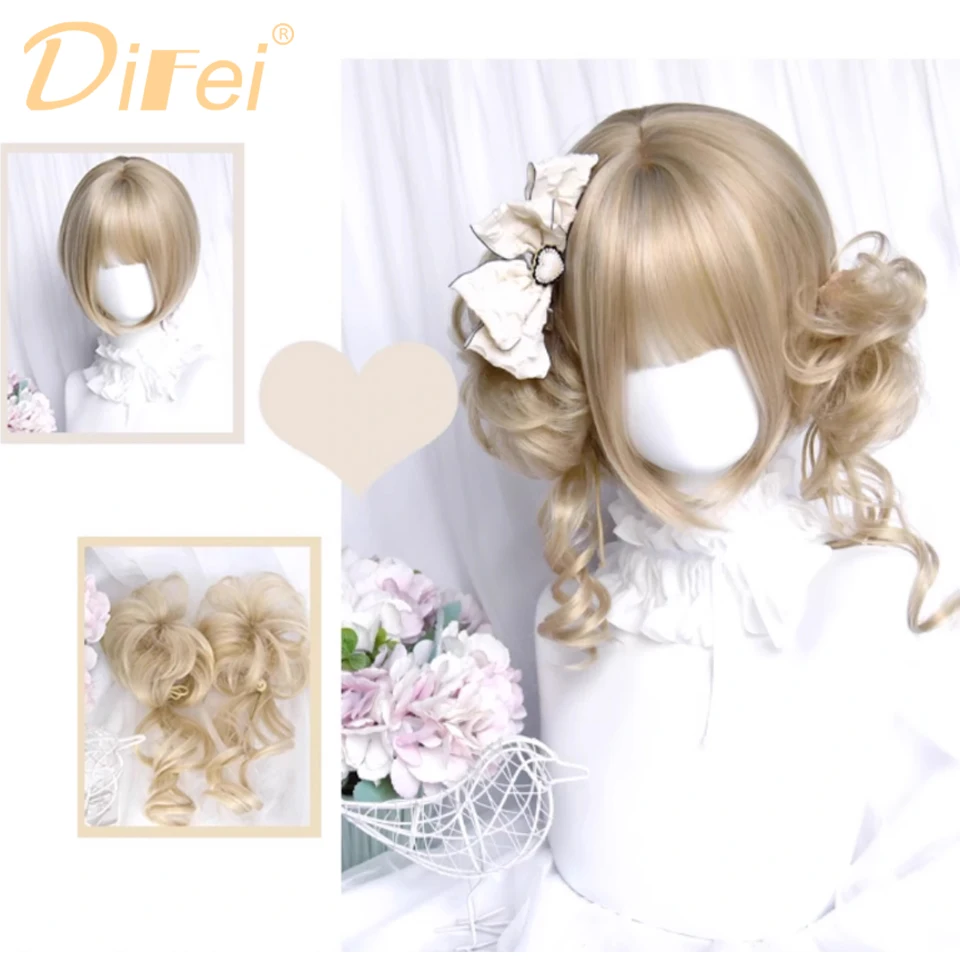 DIFEI Synthetische Perücke Weibliche Hellgold Kurze Lockige Haare Bobo Wunderschöne Lolita Täglichen Stil Gerade Pony Cosplay Party Perücke