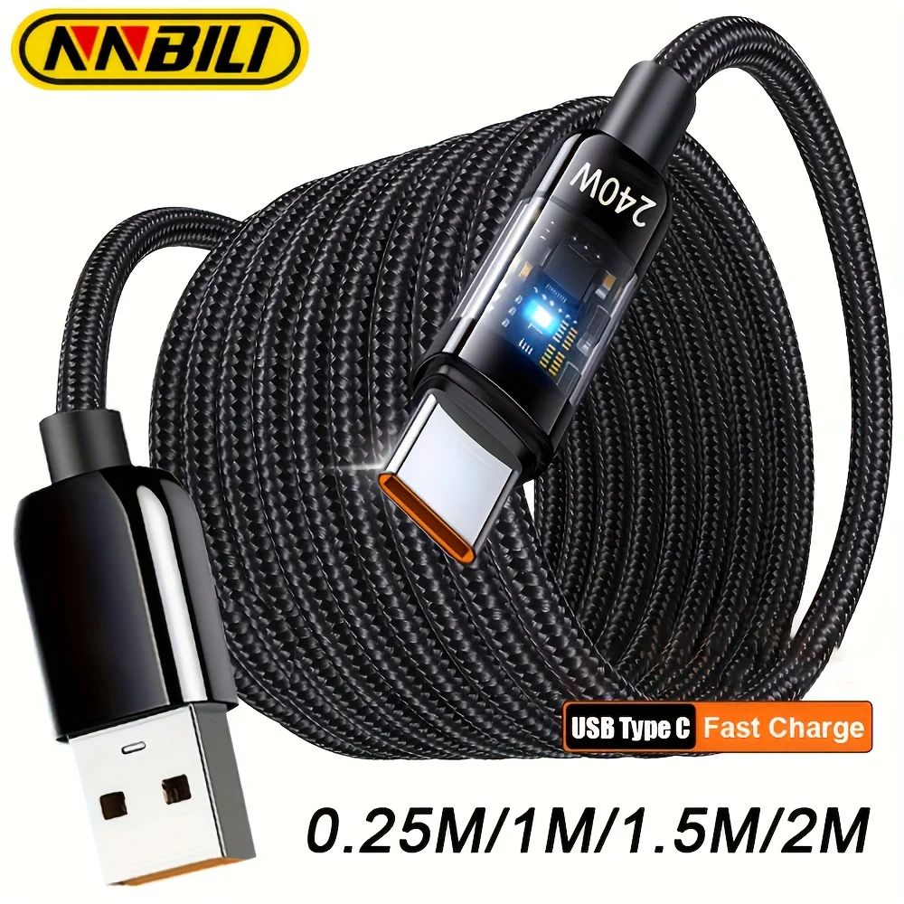 NNBILI 240W USB A to Type C Fast Charging Cable Transparent Type C to Type C High-speed Charger for Samsung Huawei Mi Data Line