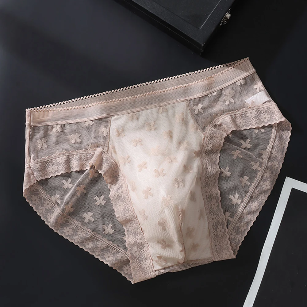 

Men\\'s Briefs Underwear Seamless Ultra Thin Ice Silk Fabric Lace with 3D Bulge Pouch Solid Color Breathable Underpants