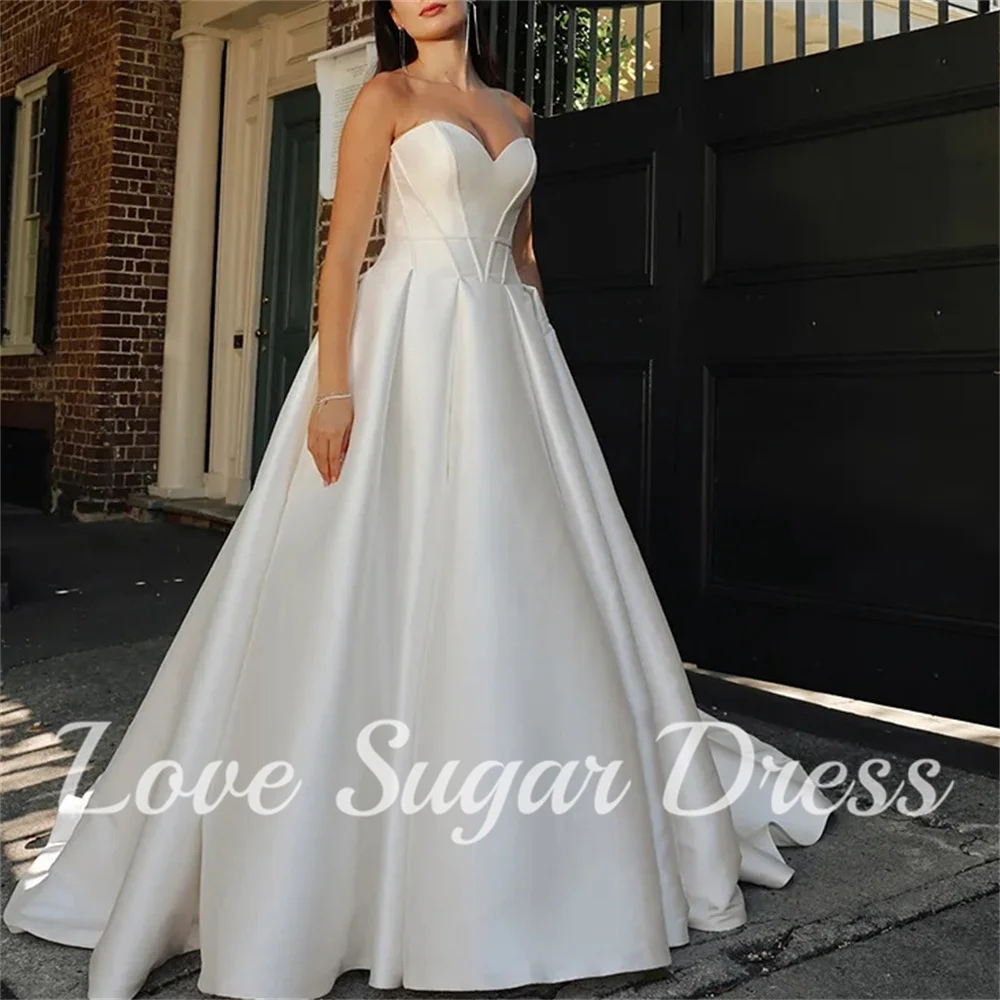 Elegant A Line Wedding Dresses With Pockets Sweetheart Satin Bridal Gowns Long Train Back Button Bride Dress vestidos para mujer