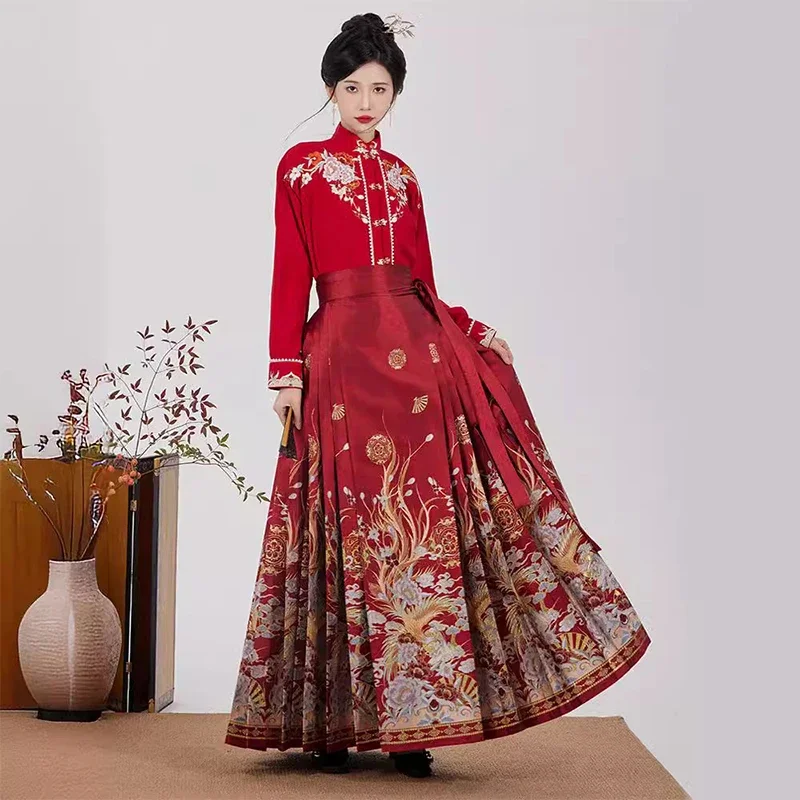 New Chinese Horse Face Skirt Red Floral Waist Tie Pleated Skirt Chinese Style Hanfu Elegant Large Swing Long Half-body Skirt