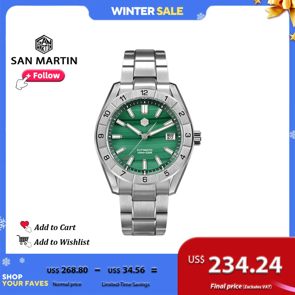 San Martin 42mm Luxury Men Watch Green Malachite Dial Stainless Steel Mechanical wristwatch Sapphire Waterproof 10Bar SN0130G-B