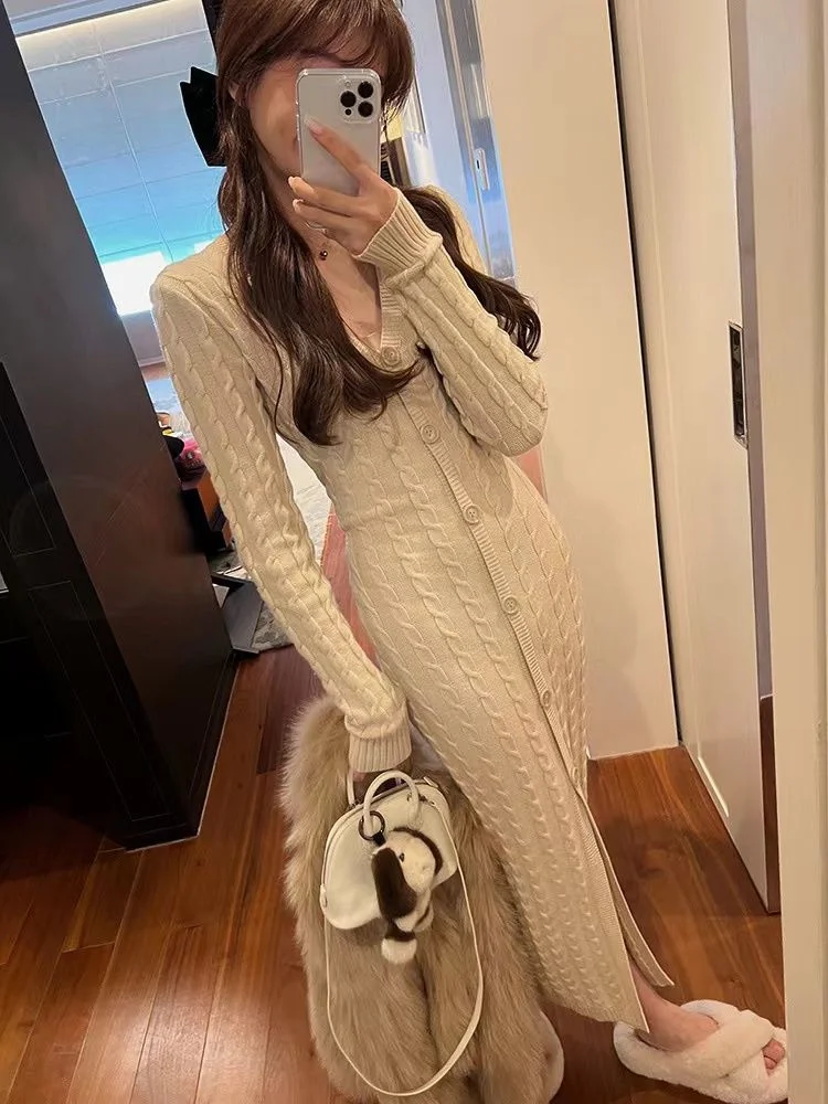 Knee Length Pullovers Goth Sweaters Jumpers Women Vintage O-Neck Aesthetic Stage Youth Preppy Grid Placket Front Decoration Soft view 4