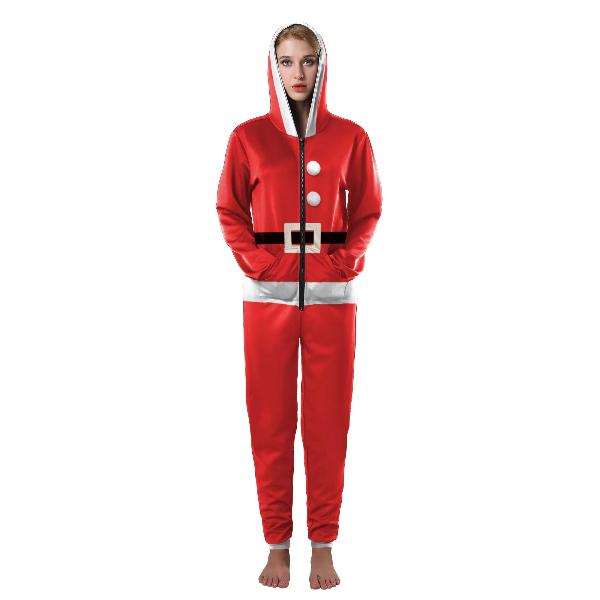 Christmas Pajamas 3D Printed Hooded Jumpsuit Woman Man Long Sleeve Sleepwear Loungewear Xmas Party Cosplay Costume