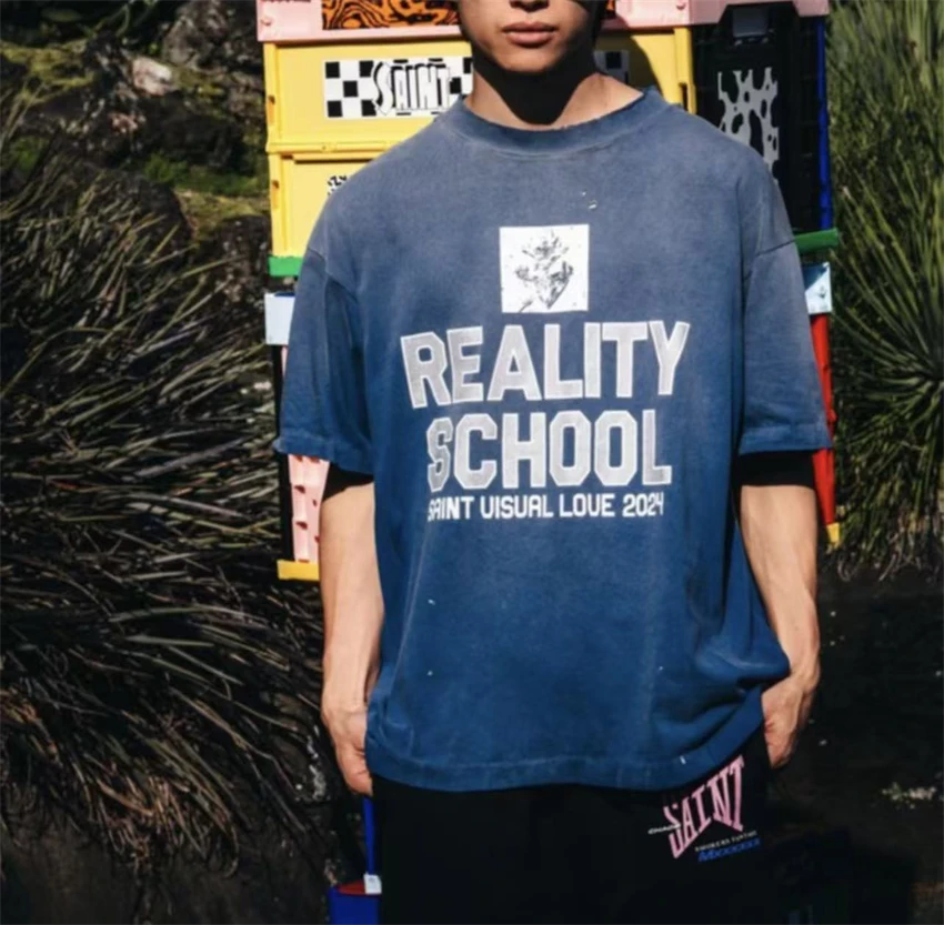 

Vintage SAINT LOGO Letter Pattern Printed Washed Retro Distressed Short Sleeved Street Casual Trendy Cotton Round Neck T-shirt