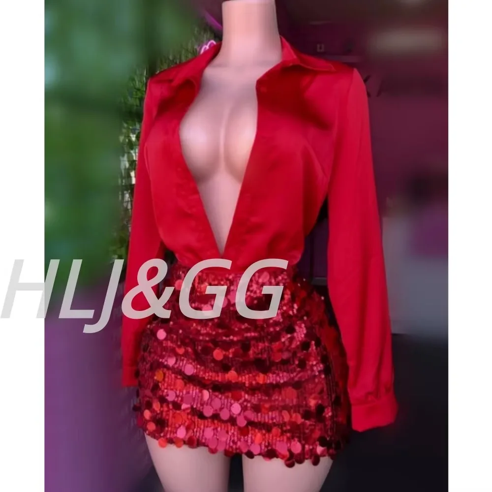 HLJ Women Red Deep V Long Sleeve Shirt Two Piece Outfit Glitter Big Sequin Skirt Matching Sets Fashion Nightclub Party Outfits