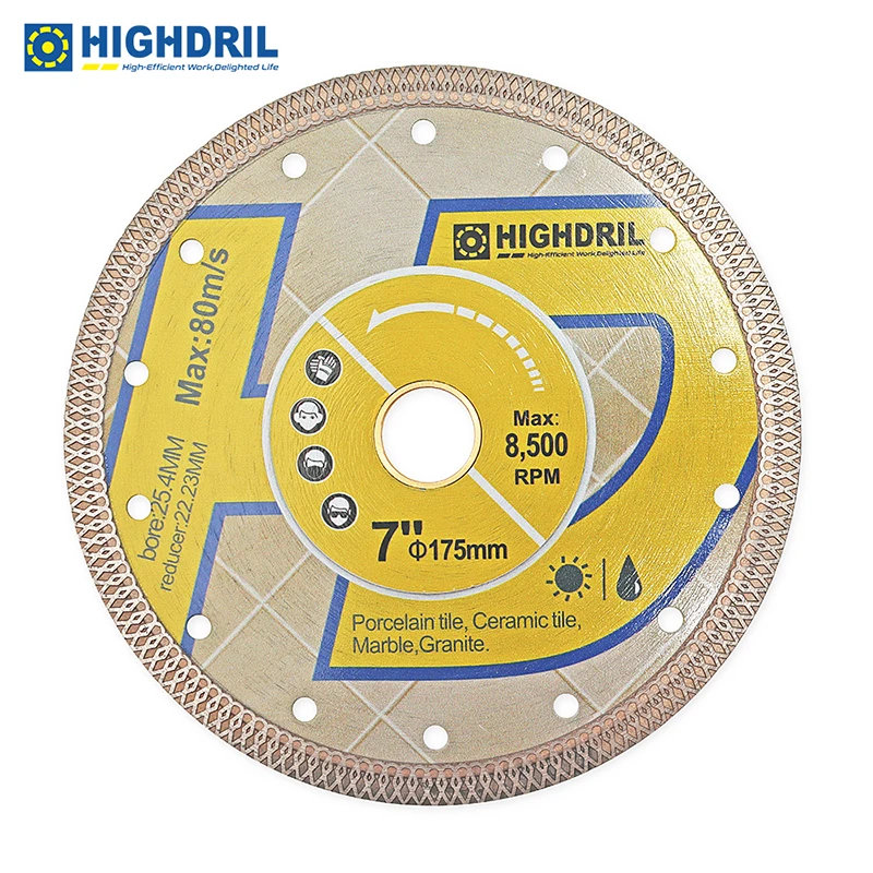 HIGHDRIL 다이아몬드 드라이 커팅 디스크, 세라믹 타일 화강암 대리석 톱날, 22.23mm 앵글 연마기, 175mm, 7 인치 X 메쉬, 1 개