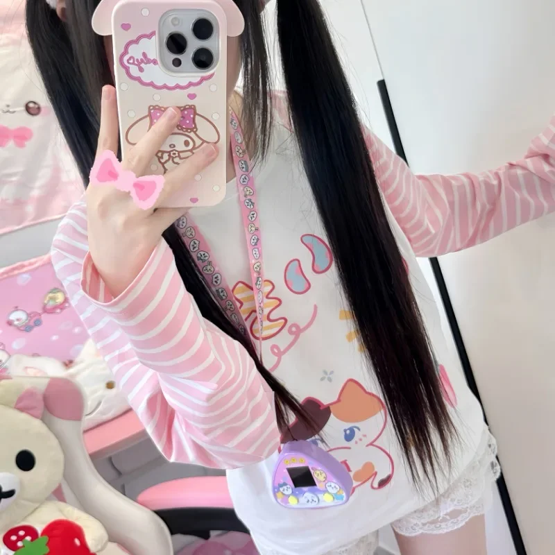 Japanese Kawaii Fairy Cartoon Print Streetwear Lolita T-shirts Lolita Vintage Stripe Tops Women Y2k Aesthetic Slim Harajuku Tees