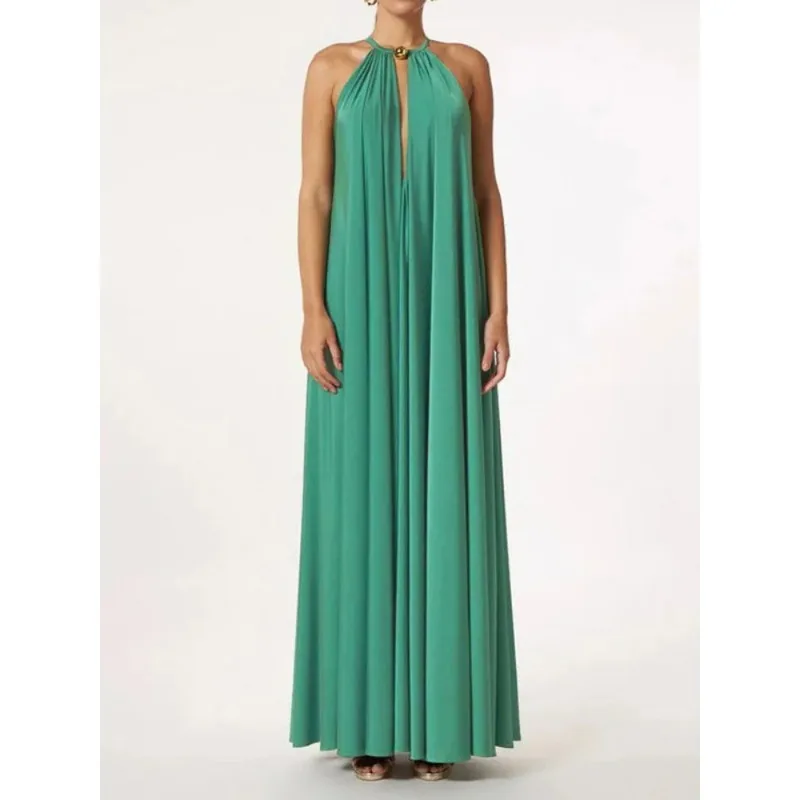 فساتين الشاطئ الخضراء من Krismile للنساء 2025 على شكل حرف a بدون أكمام بطيات مجوفة أنيقة لقضاء العطلات فستان طويل ملابس نسائية 182717