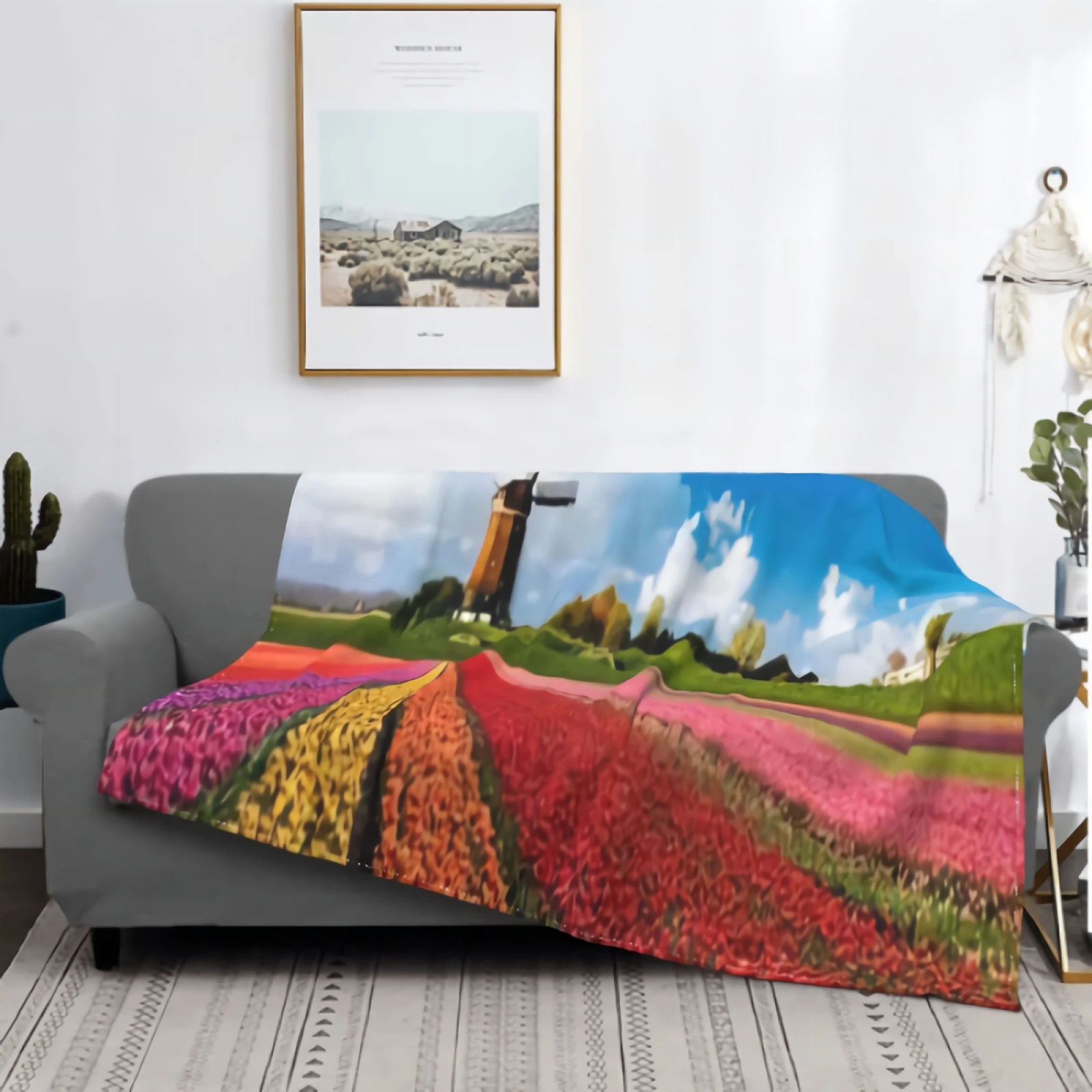 

Windmill Tulips Fleece Blanket for Couch Sofa Super Soft Cozy Plush Microfiber Fluffy Blanket Lightweight Warm Bedspread 80"x60"