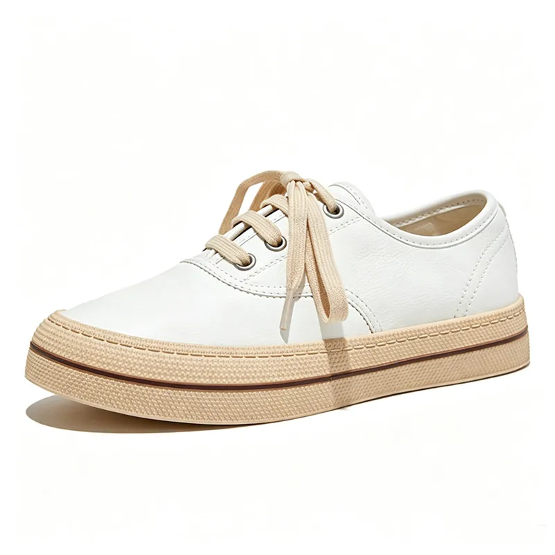 

High Quality Genuine Leather White Shoes for Women Lace-Up Detail Comfort Soft Flats Heightened Non-Slip Design Women's Sneakers