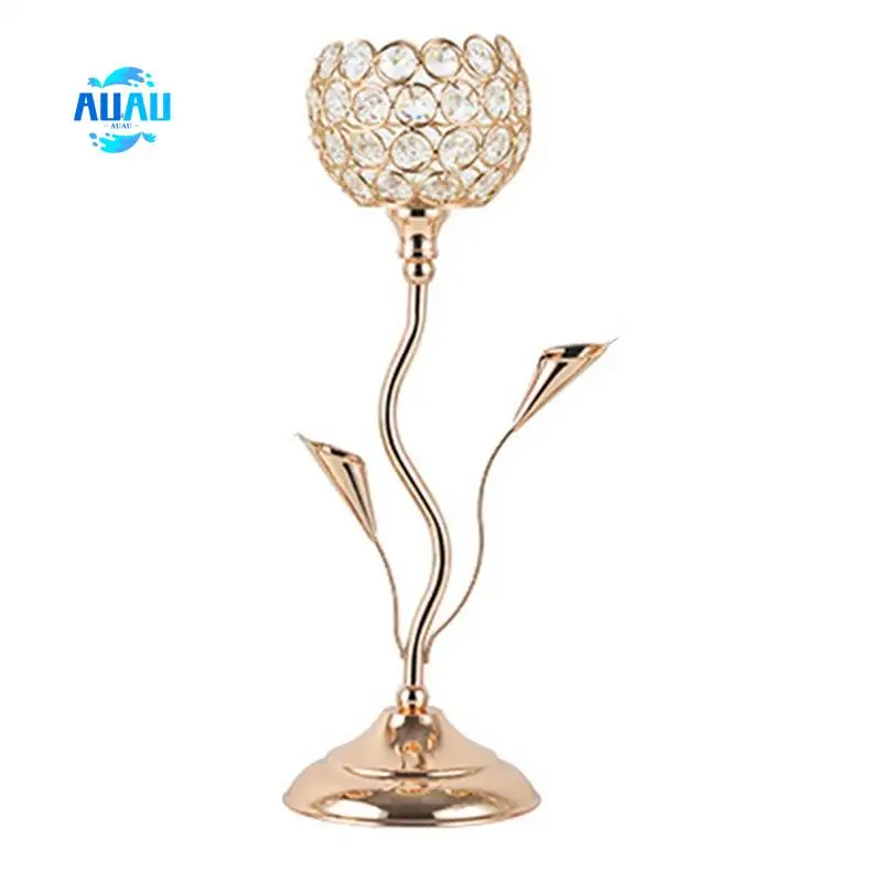 

AUAU-Gold Crystal Candle Holder, Iron Flower Shaped Candlestick Small Vintage Candlestick Set For Table Centerpiece