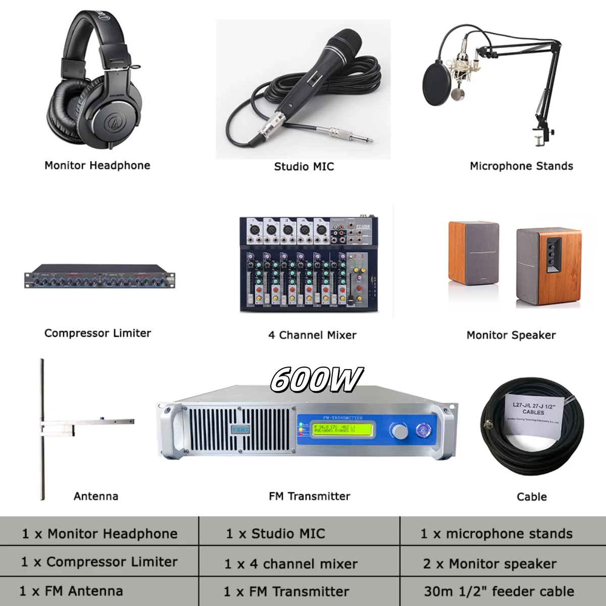 

YXHT 600W FM Transmitter Antenna Cable Complete Stereo Radio Station Package 87.5-108MHz for School, Church