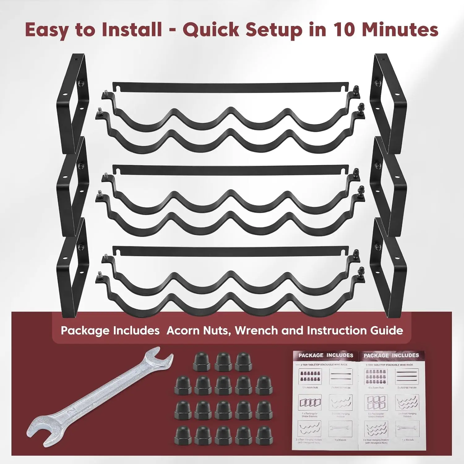 Stackable Wine Rack Countertop, Sturdy Bottle Holder Freestanding for Cabinet, 3 Tier Small Tabletop Stand