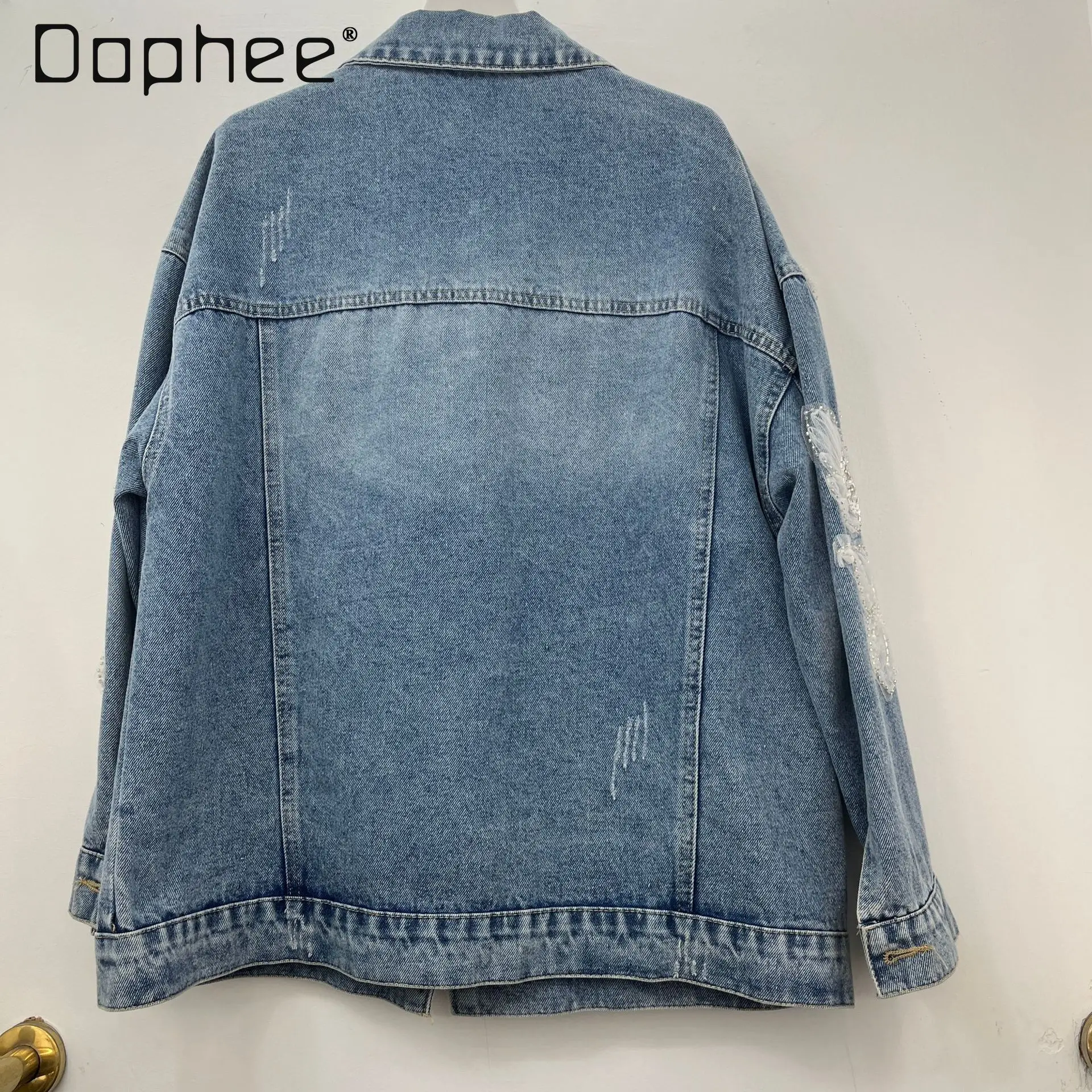 Spring Autumn European Street Trend Sequined Beads Flower Splicing Color Lapel Long-sleeved Denim Jacket Loose Casual Jackets