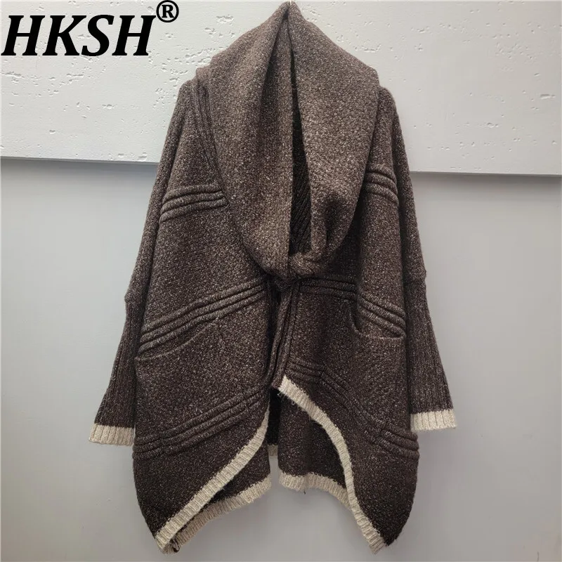 

HKSH 2025 Autumn Winter New Woman Sweater Shawl Single Breasted Color Block Long Sleeves Elegant Casual Knitted Cardigan HK14412