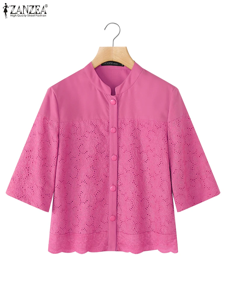

ZANZEA Women Shirts Fashion Casual Loose Half Sleeve Tops Summer Hollow Out Blusas 2025 O-Neck Elegant OL Tunic Oversized