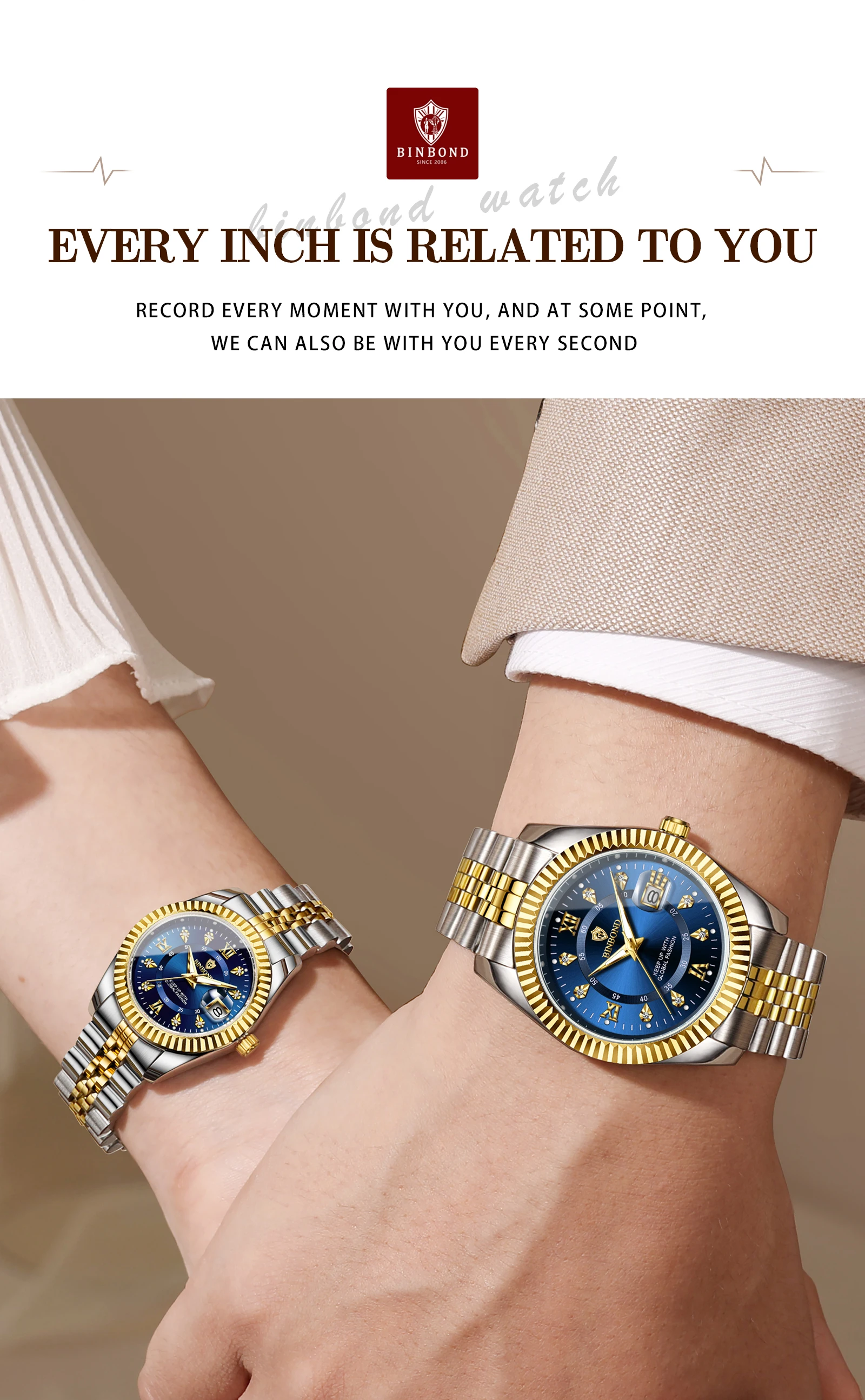 BINBOND Original Couple's Quartz Watches Luminous Waterproof Gift For Lover Men's Women's Watch Mujer Relojios +Gift Box