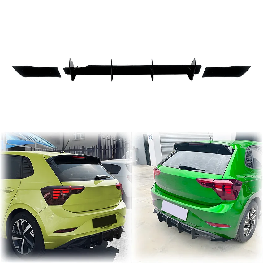 

2023 для VW Polo MK6.5, автомобильный задний бампер, диффузор, спойлер, хвостовой фартук, закрылки, боковые разветвители, глянцевый черный комплект кузова