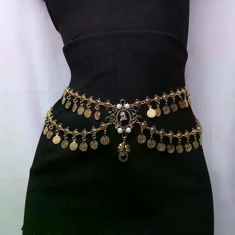 Exaggerated Retro Rhinestone Tassel Metal Waist Chain For Women Luxury Double Layered Craved Coin Belt Chains Body Dress Jewelry