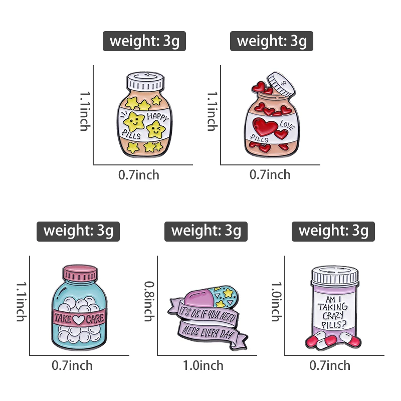 Happy Caring Pills Enamel Pins Am I Taking Crazy Pills Caring For Mental Health Brooches Lapel Badges Jewelry Gift For Student