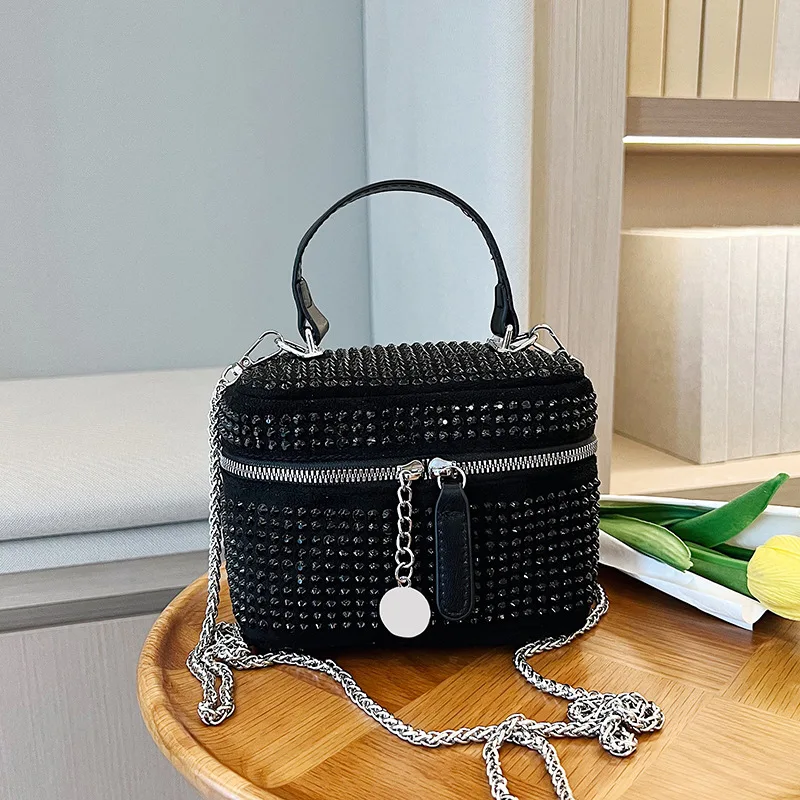 Bright Diamond PU Crossbody Bag 2023 New Women's Full Diamond Double Zipper Lid Lift Handbag Trend Fashion Chain Shoulder Bag