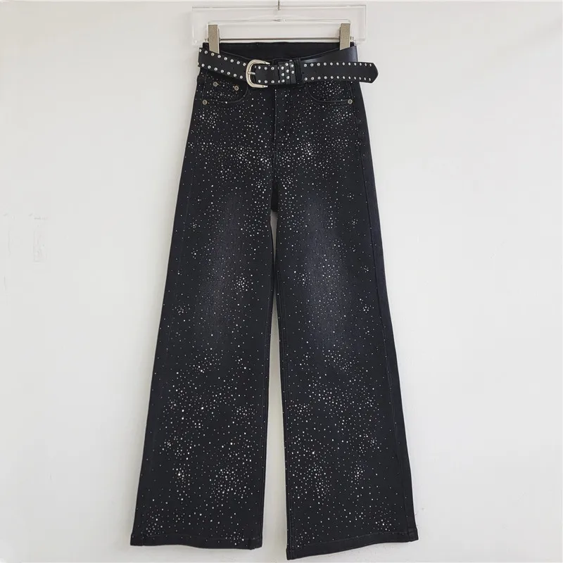 2026 New Fashion Autumn All-match Vintage Women Denim Pants Full Diamonds High Waist Floor-length Wide Leg Straight Jeans