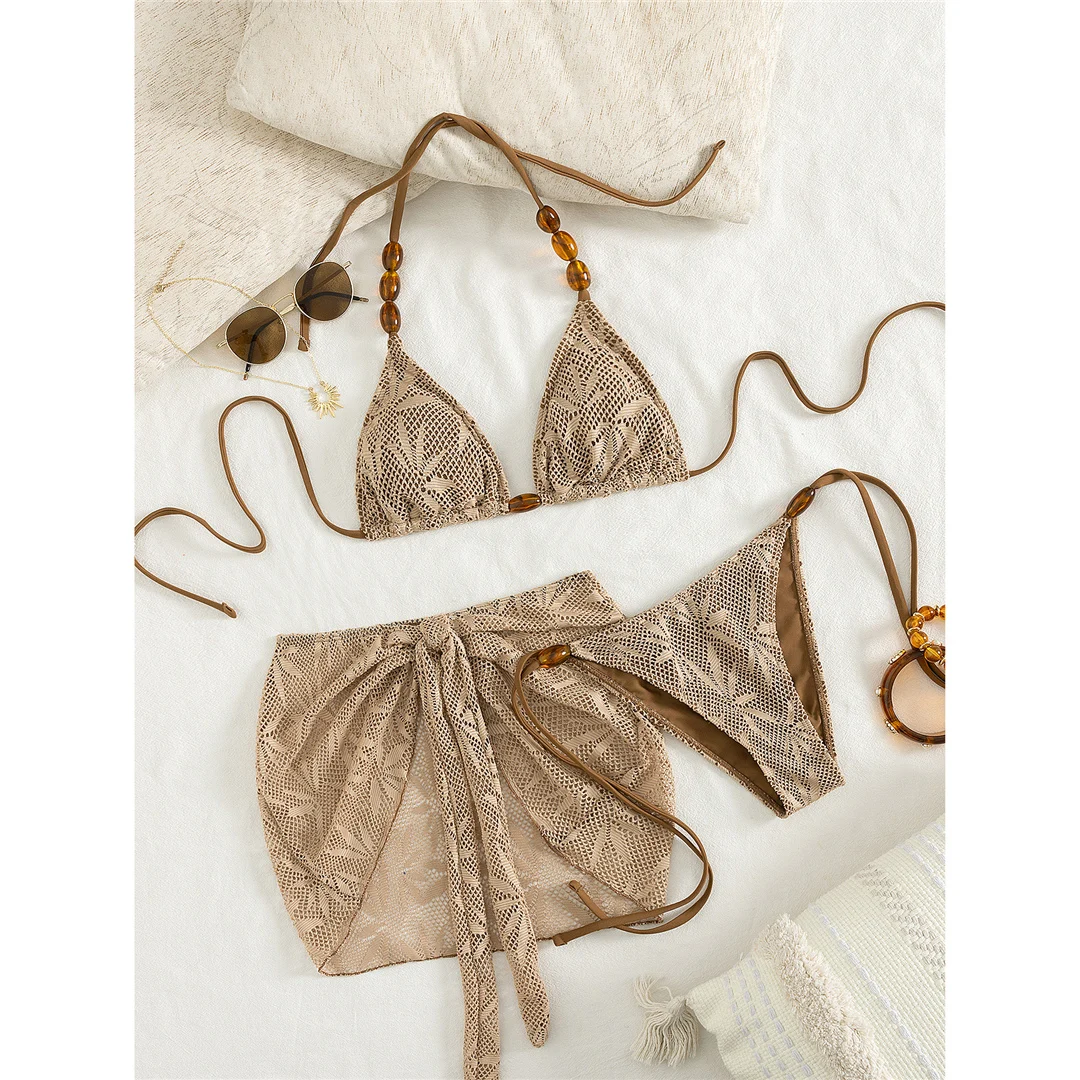 S - XL Mit Rock, bedruckter Neckholder-Bikini, Damen-Badebekleidung, dreiteiliges Bikini-Set, Badeanzug, Badebekleidung, Schwimmbekleidung V8195 – Detail 2