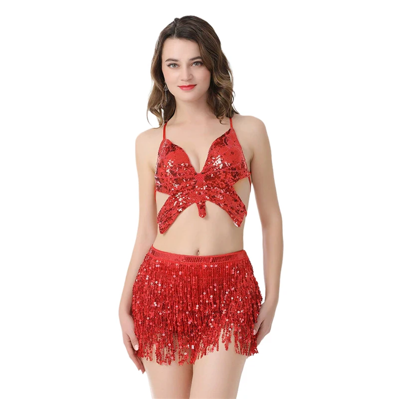 Damen 2-Teiliges Set Cosplay-Kostüm Funkelndes Schmetterlings-Crop-Top Quastenrock Halloween-Party Karneval Aufführung Tanz-Outfit – Detail 3