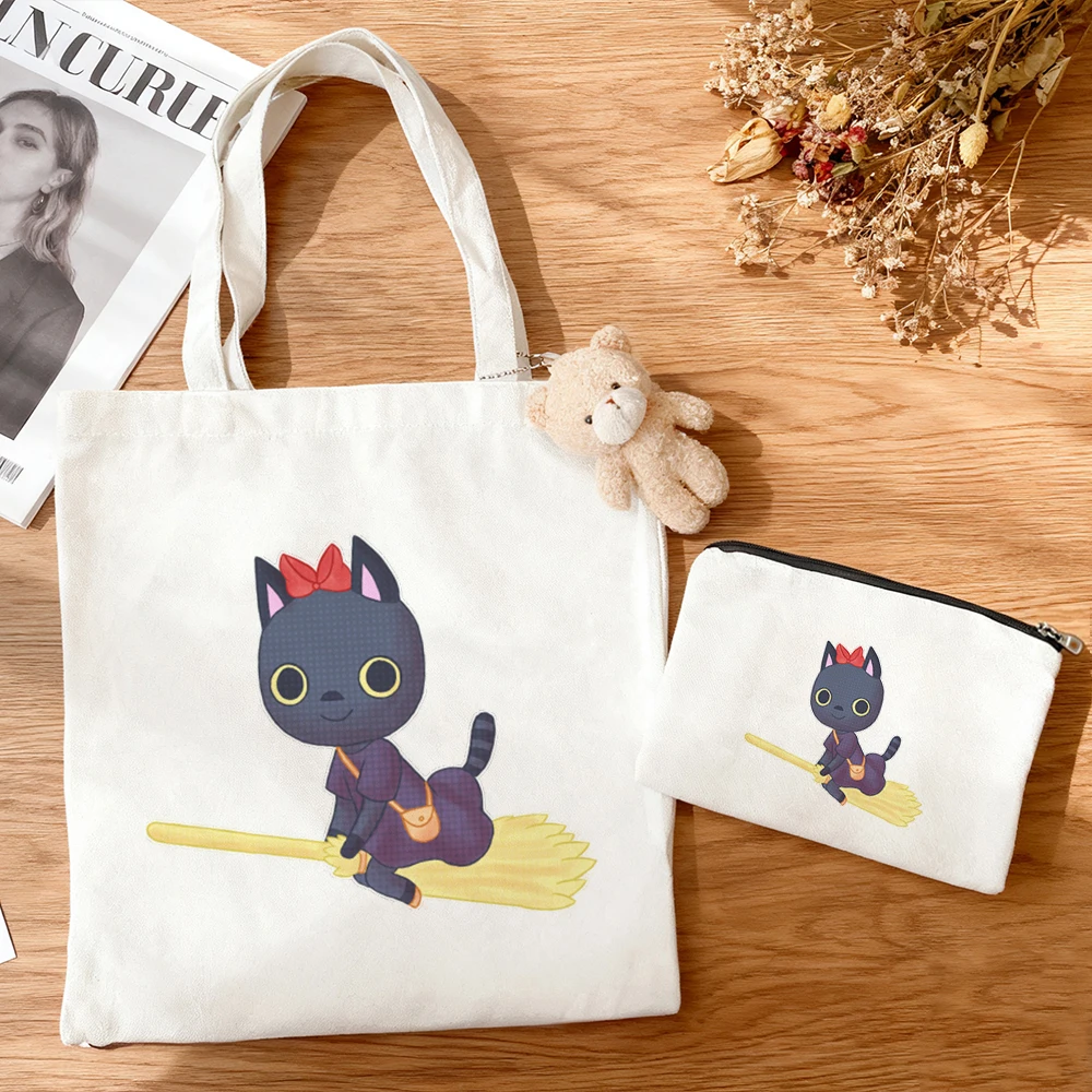 3pcs/set Large Capacity Kiki's Delivery Service Kiki Canvas Tote Bag Kawaii Anime Girl Gift Eco Cotton Reusable Shopping Bag view 3