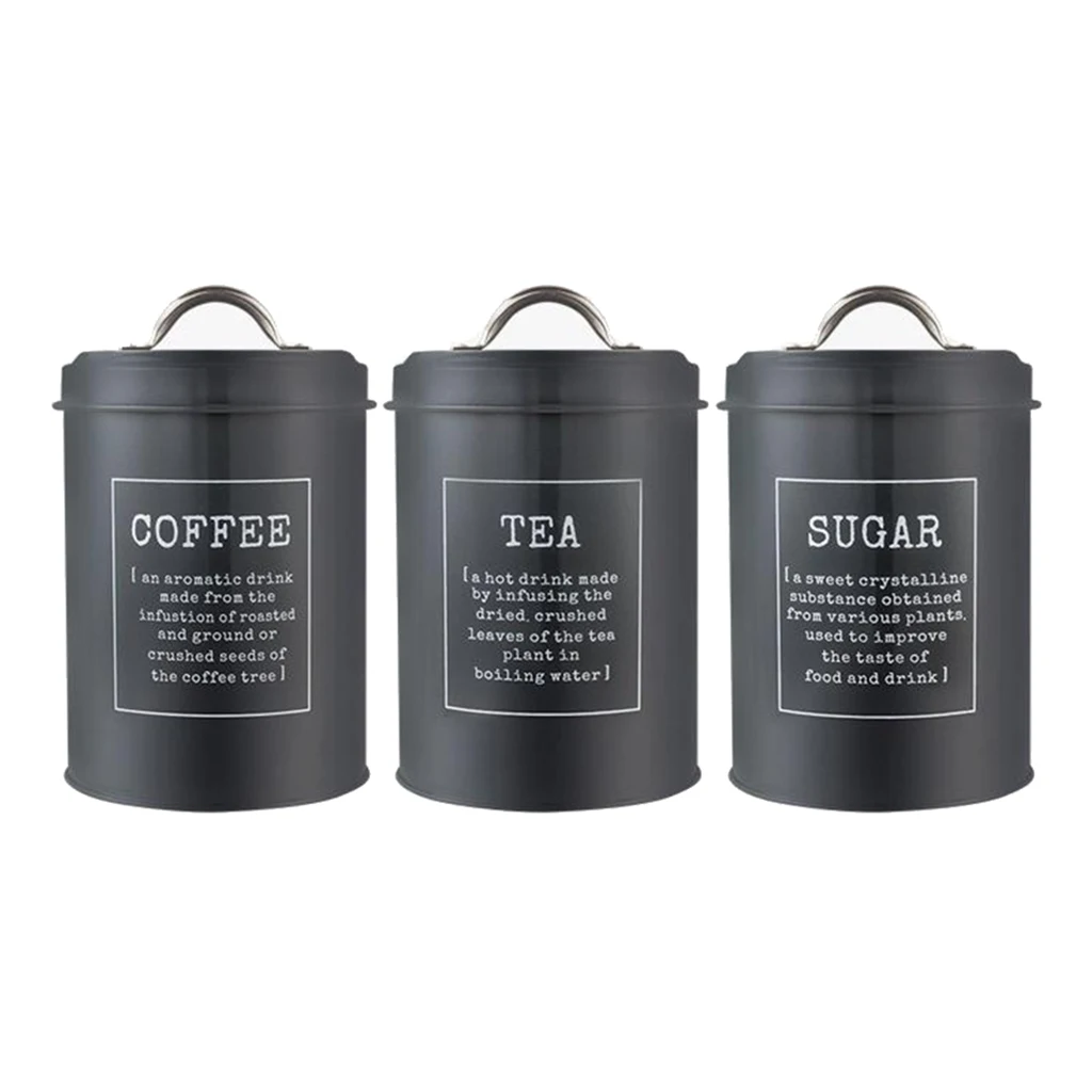 Set of 3 Metal Kitchen Food Coffee Sugar Tea Storage Tin Canister Jar Container with Lid for Kitchen Storage Canister