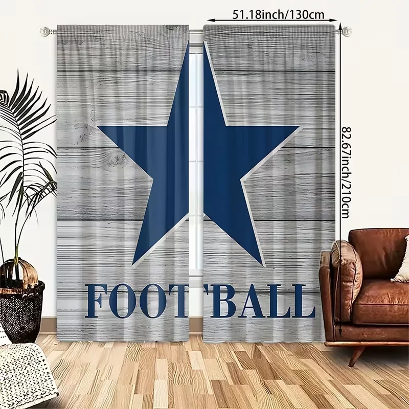 2PC Dallas Cowboys Inspired Curtains - Navy Star & Football Print Window Drapes for Man Cave Bedroom Decor