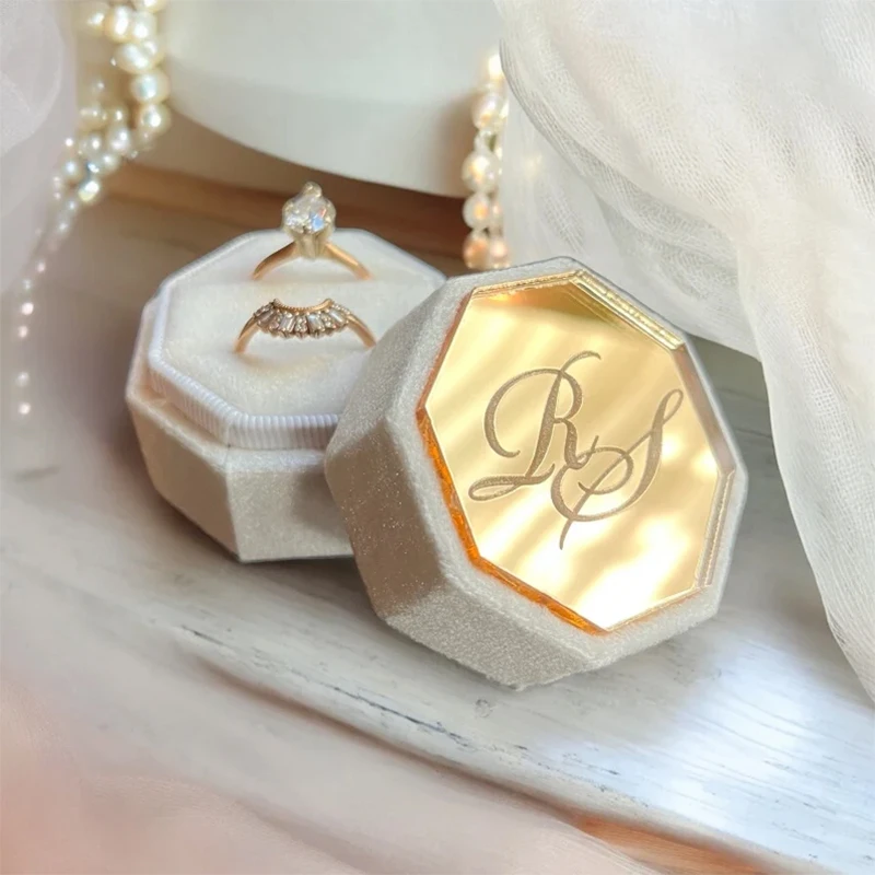 

Personalised Acrylic Topper Velvet Wedding Octogon Ring Box Custom Ring Boxs Engagement Proposal Idea Double Slot Ring Holder