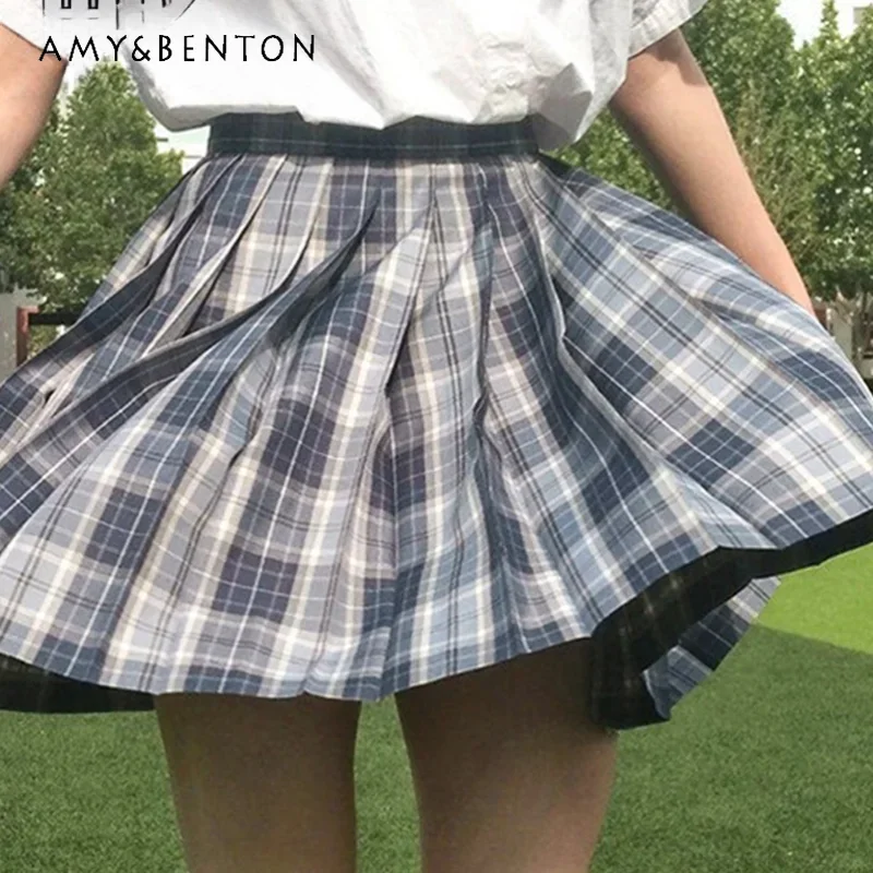 Japanese Jk Uniform Casual Style Summer Gray Plaid Color Matching A Line Waist Slim Fashion Versatile Pleated Skirt For Female