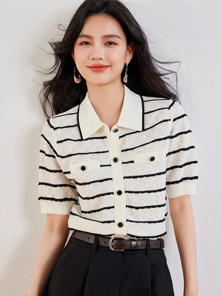 Striped Knitted Cardigan Sweater Women Short Sleeve Single-breasted Tops Jumpers 2024 Spring Stylish Fashion Chic Outwear