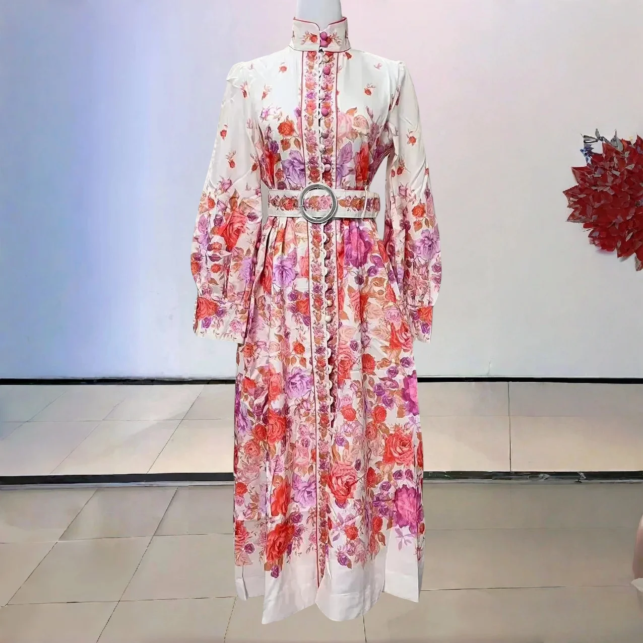

Women's Floral Print Linen Midi Dress Soft Fabric A Line Cut Retro Style Long Sleeve Summer Garden Party Elegant Look