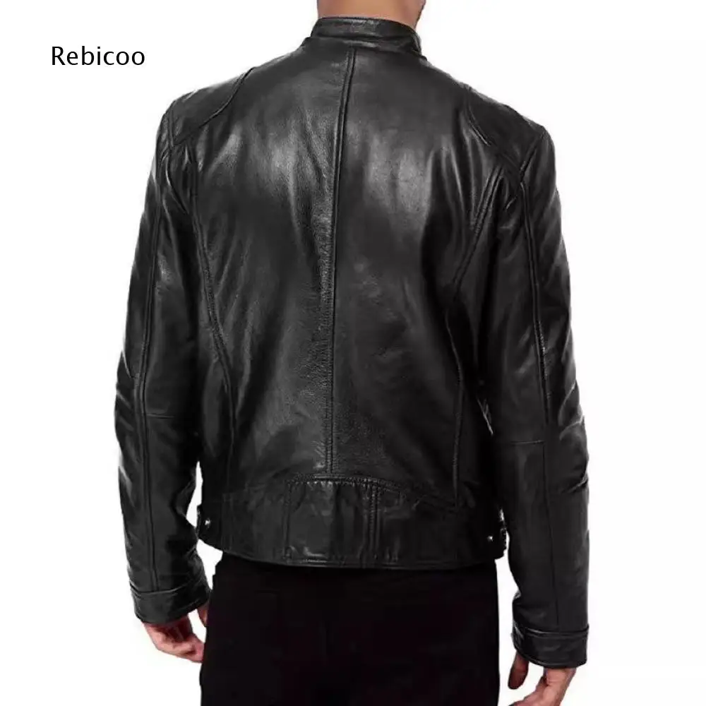 Stand Collar Faux Leather Outerwear For Men Zip Closure Jacket Multi Zipper Pockets For Daily Layering And Night Time Activities