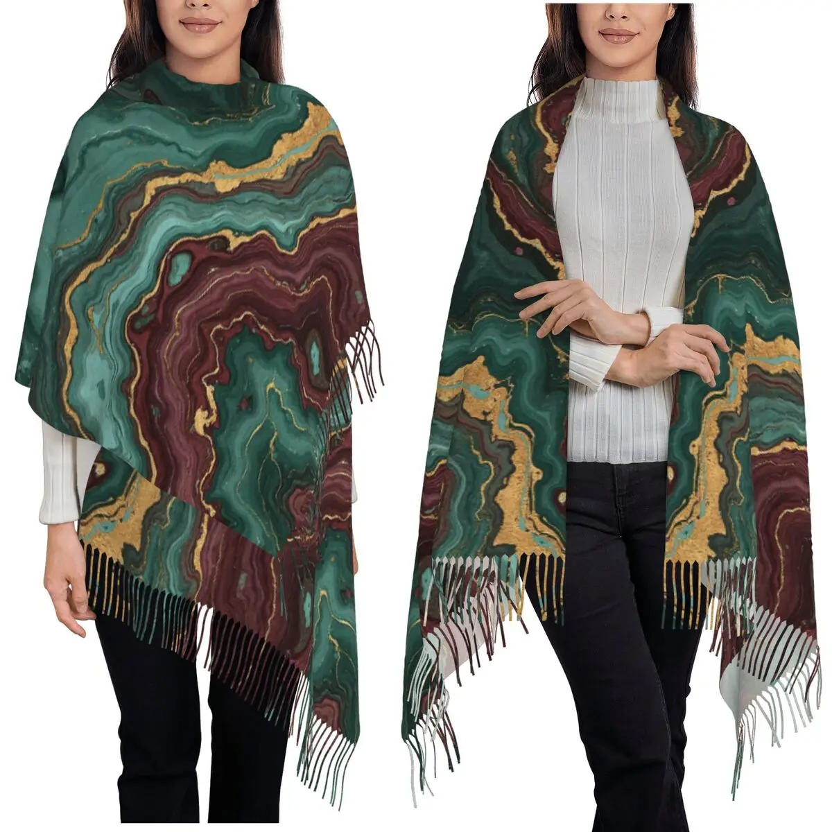 

Emerald And Burgundy Gold Vein Marble Pattern Scarf Tassel Scarves Women Soft Warm Shawls and Wraps Large Fall Winter Shawl Wrap