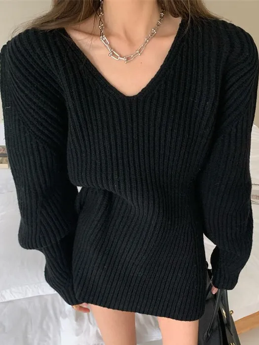 

Bla V-Ne Long Sve Knitted ort Dr Women's Early Autumn Winter Coat Inner Waist-Cinching Base Layer Little Bla Dr