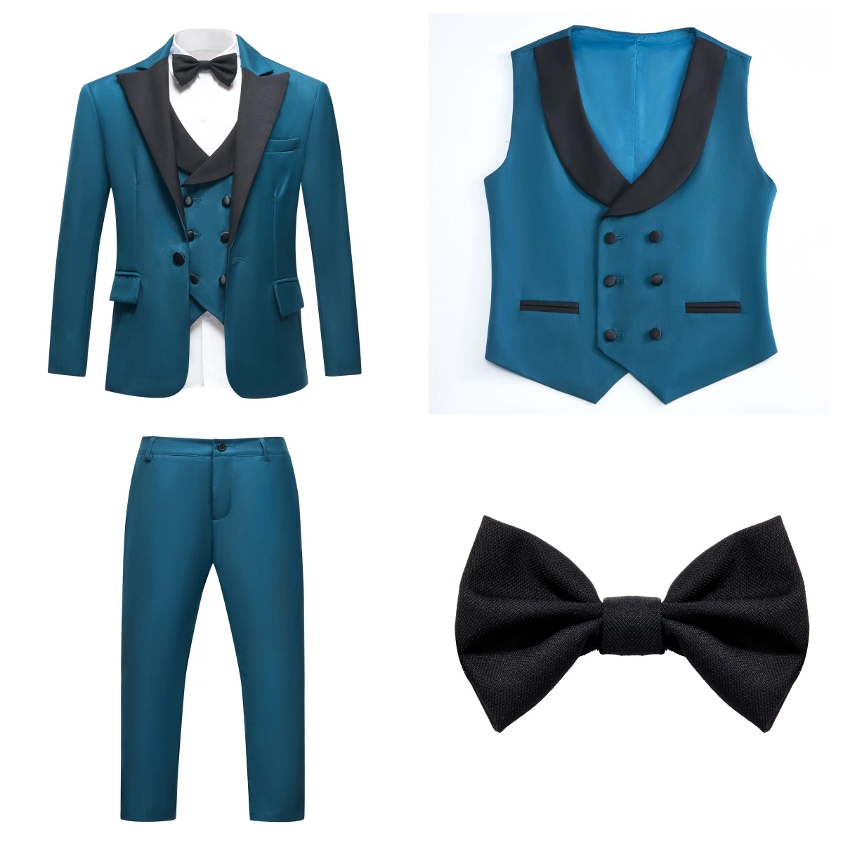 Boy's 4-Piece Formal Suit Set, Slim Fitting Blazer with Black Peak Lapel, Graduation Party Tuxedo Suits Kids Wedding Guest