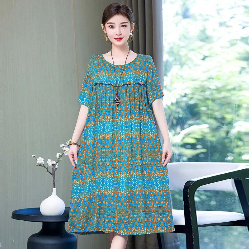 2023 Women Dresses Summer  O-Neck Floral Print Boho Beach Dress Short Sleeve A Line Dress Wrap Sundress Robe