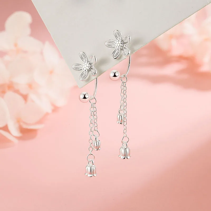 Lily of the Valley Tassel Screw Earrings For Women Fashion Sweet 925 Sterling Silver Flower Earring Versatile Jewelry KOFSAC