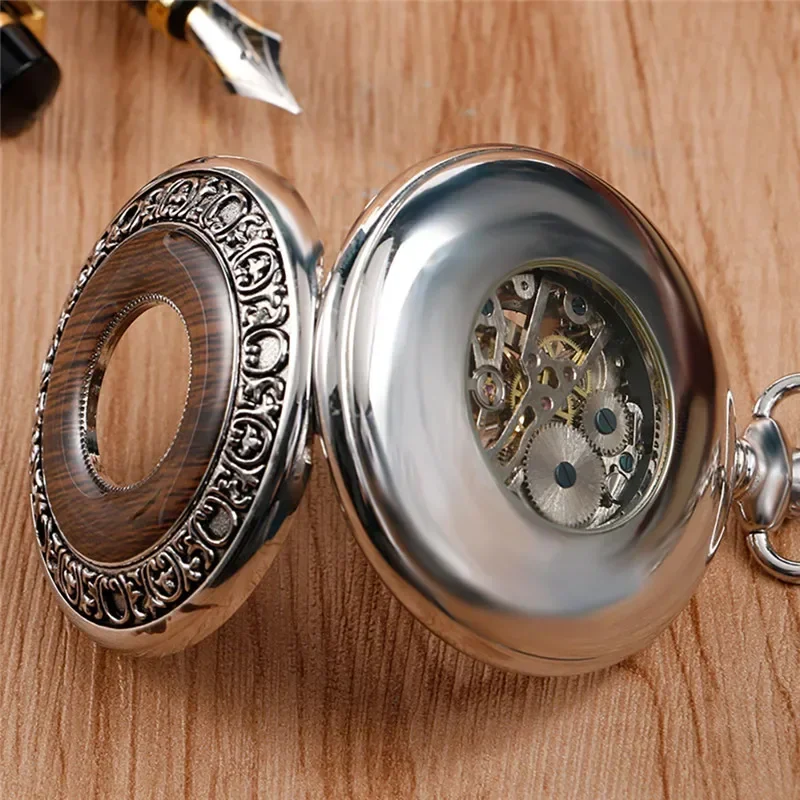 Vintage Hollow Case Men Women Skeleton Handwind Mechanical Pocket Watch Retro Clock with Fob Pendant Chain Roman Numeral Dial