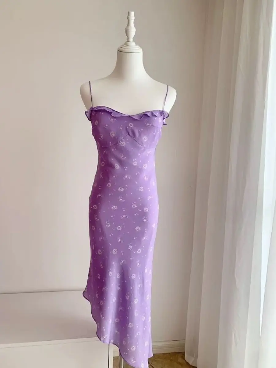 100% Silk Women's Purple Sling Dress Star and Moon Print Backless Sleeveless Strapless Romantic Ladies Midi Dress